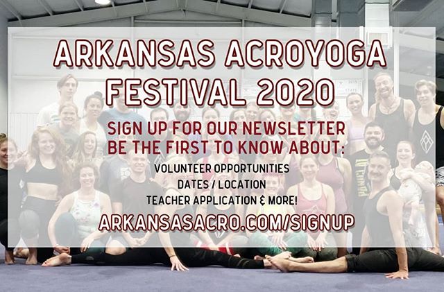 π HEADS UP π
β’
β’
We're gearing up for Round Two: Arkansas AcroYoga Fest 2020 and want to share with you updates on:
β’
β’
ππΌββοΈVolunteer Opportunities ππ½ββοΈ
π Early Bird Pricing πΈ
π Instructor Applications π€ΈπΌββοΈ
π Dates / Location π
π All other AAY Events π
β’
β’
Sign up for our newsletter to stay in the loop and be the first to hear about these opportunities (LINK IN BIO)