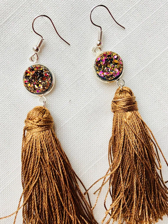 Champagne and Fuscia Druzzy Tassel Earrings from ES Designs Creations