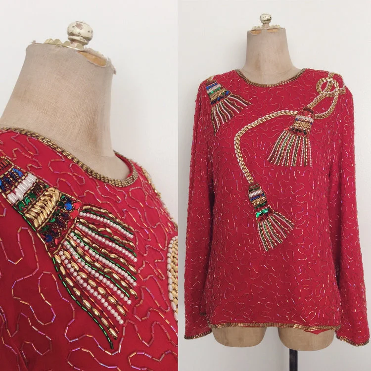 80s Silk Beaded Top with Tassel Embroidery from Maeberry Vintage