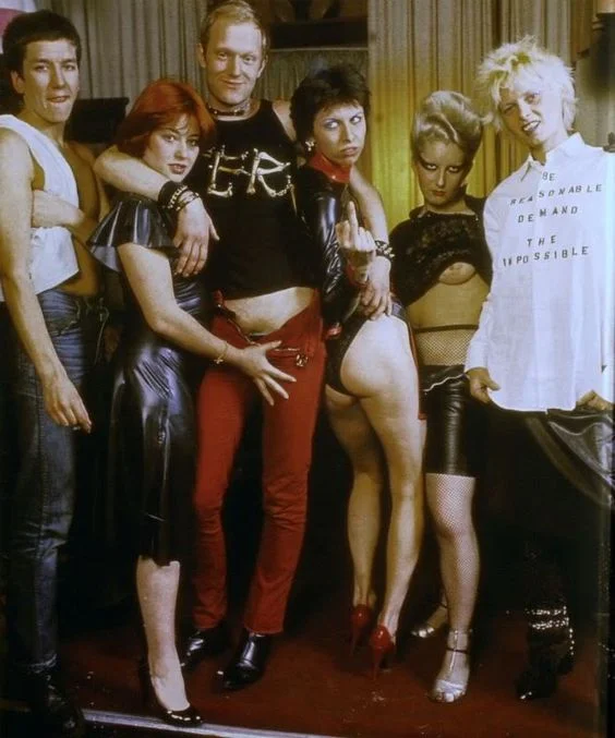 From left to right: Steve Jones ( Sex Pistols) , unknown, Alan Jones, Chrissie Hynde, Jordan and Vivienne Westwood ( Photo: David Dagley/Rex)