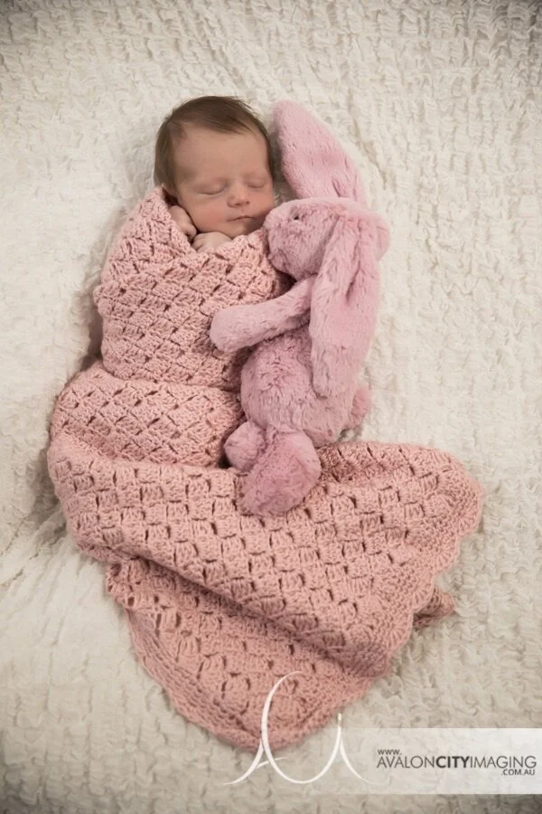 Adelaide Newborn Photography - Newborn baby girl in blanket with toy bunny