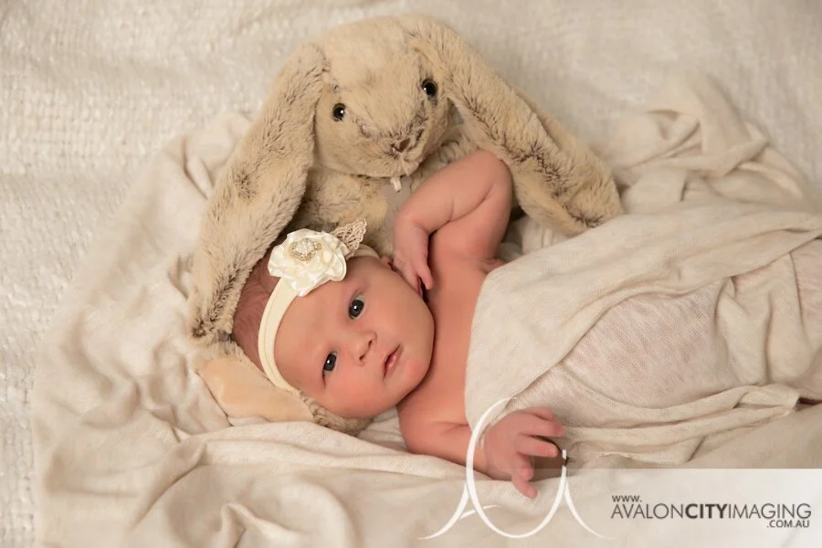 Adelaide Newborn Photography - Newborn baby girl with a toy bunny