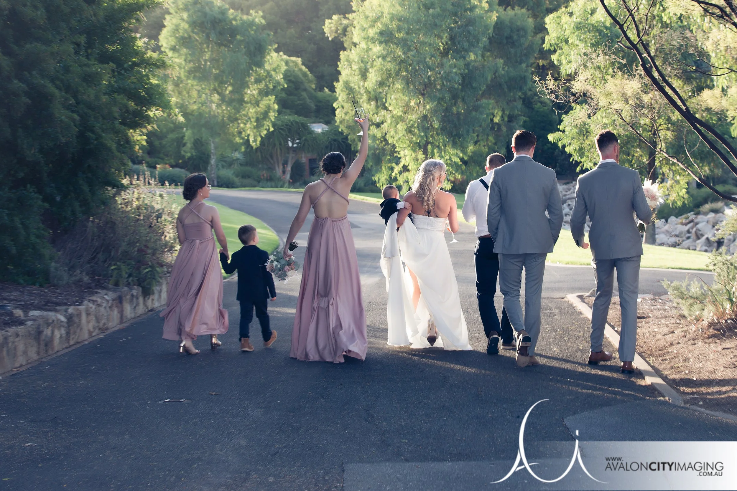 Bridal party walking wedding photography 