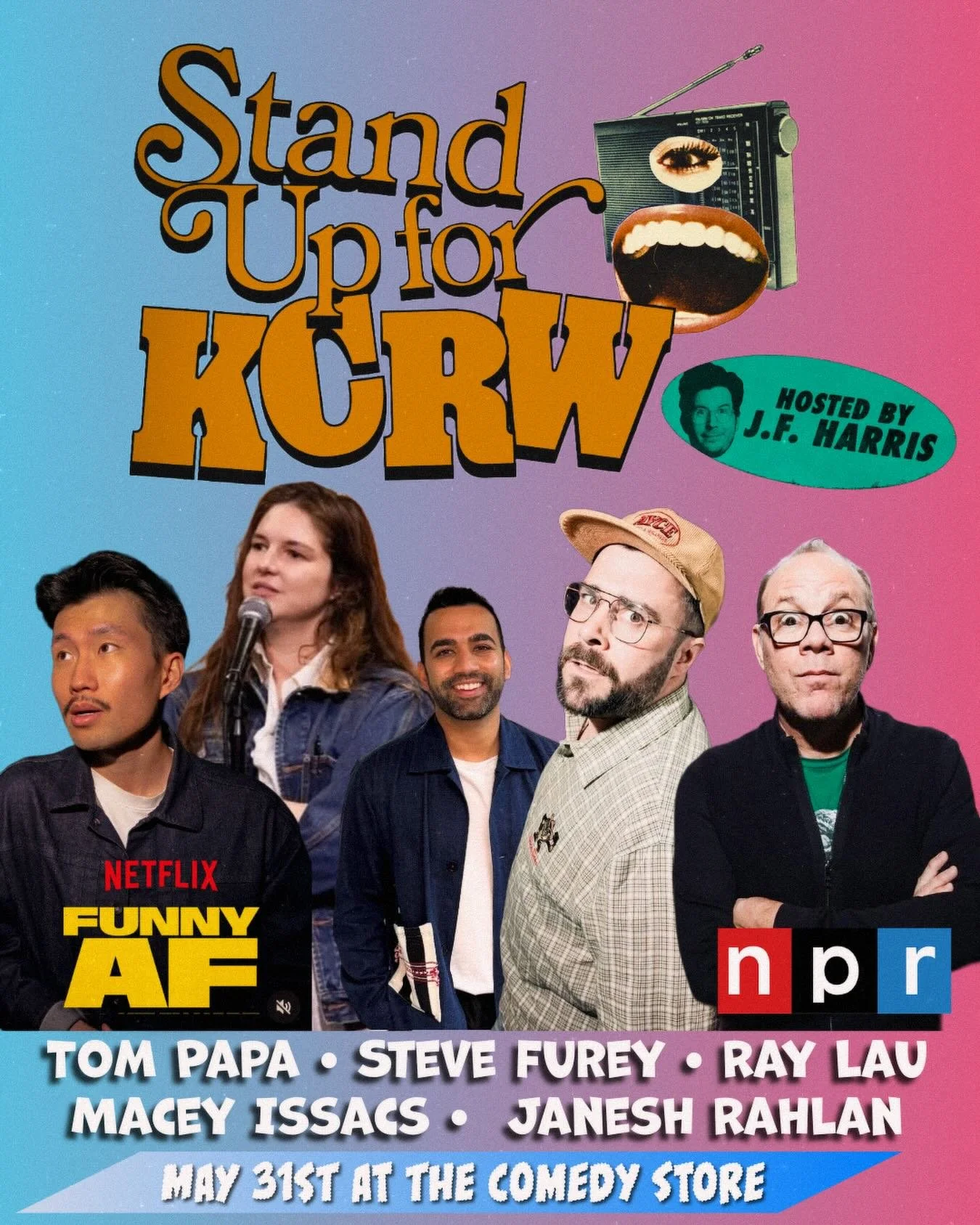Stand Up For @kcrw is back! We have a truly amazing line up, from NPRs Prairie Home Companion &amp; Netflix specials we have the incredible @tompapa and from Kevin Hearts Funny AF on Netflix we have @scubastevefurey @rayjlau @maceyisaacs @janeshrahla