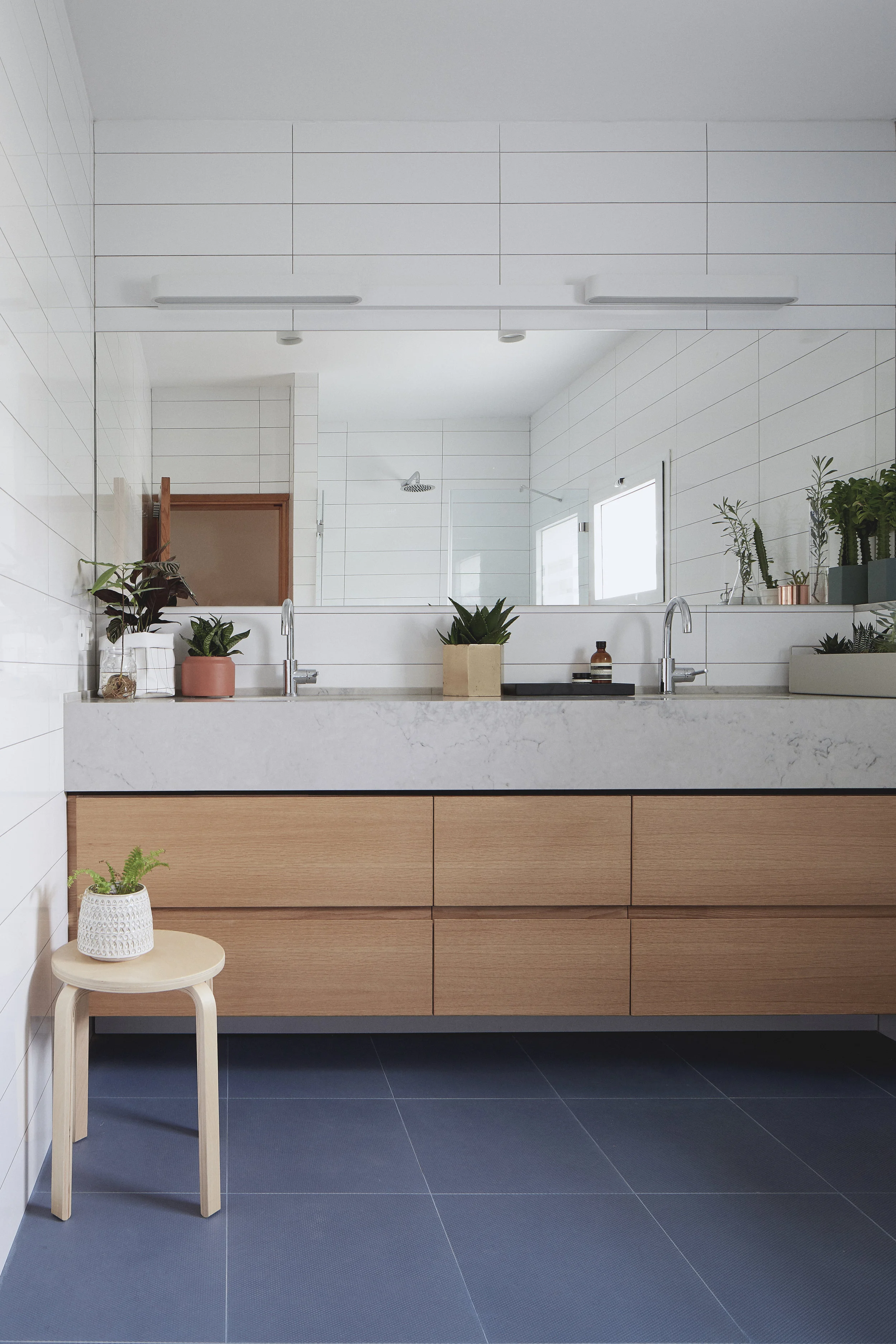 grey marble and natural wood cabinet