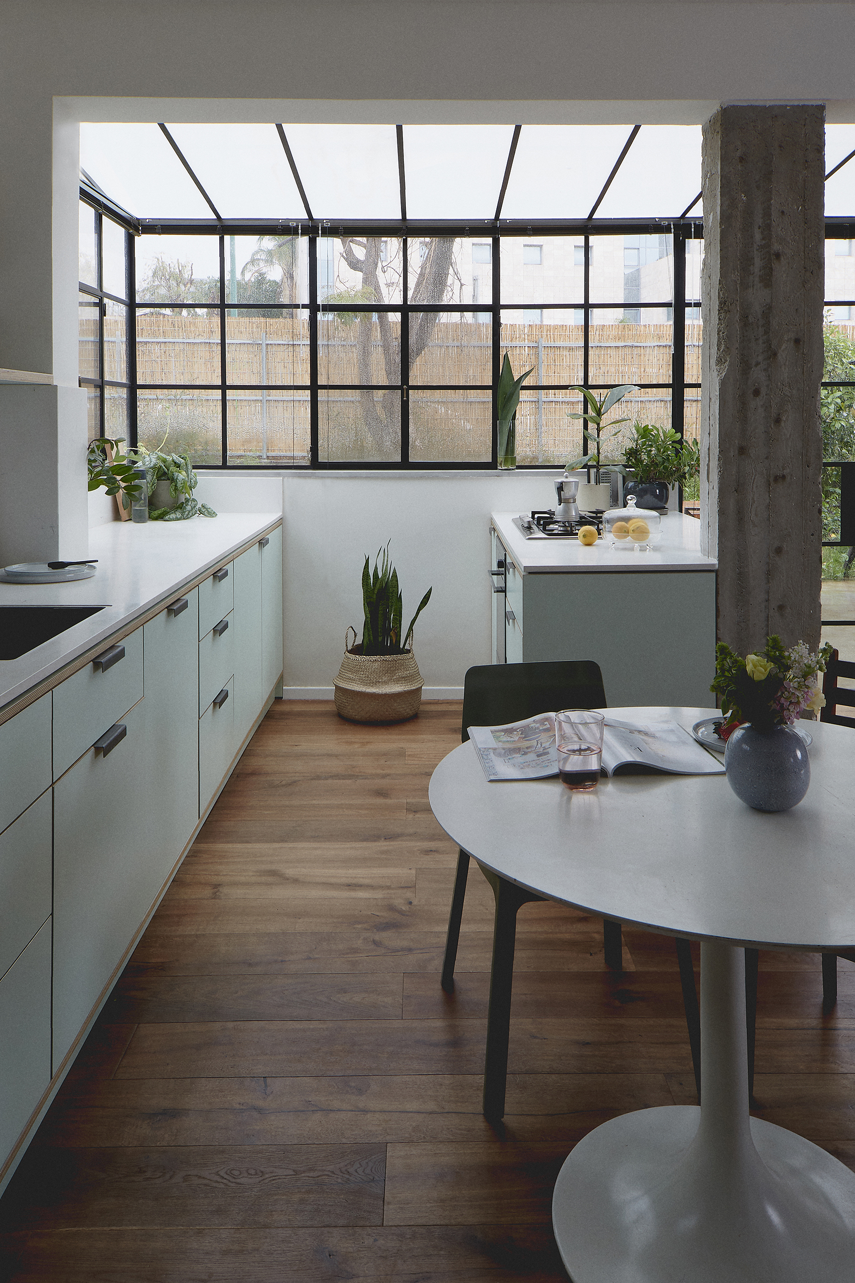 steel frame windows kitchen mint green