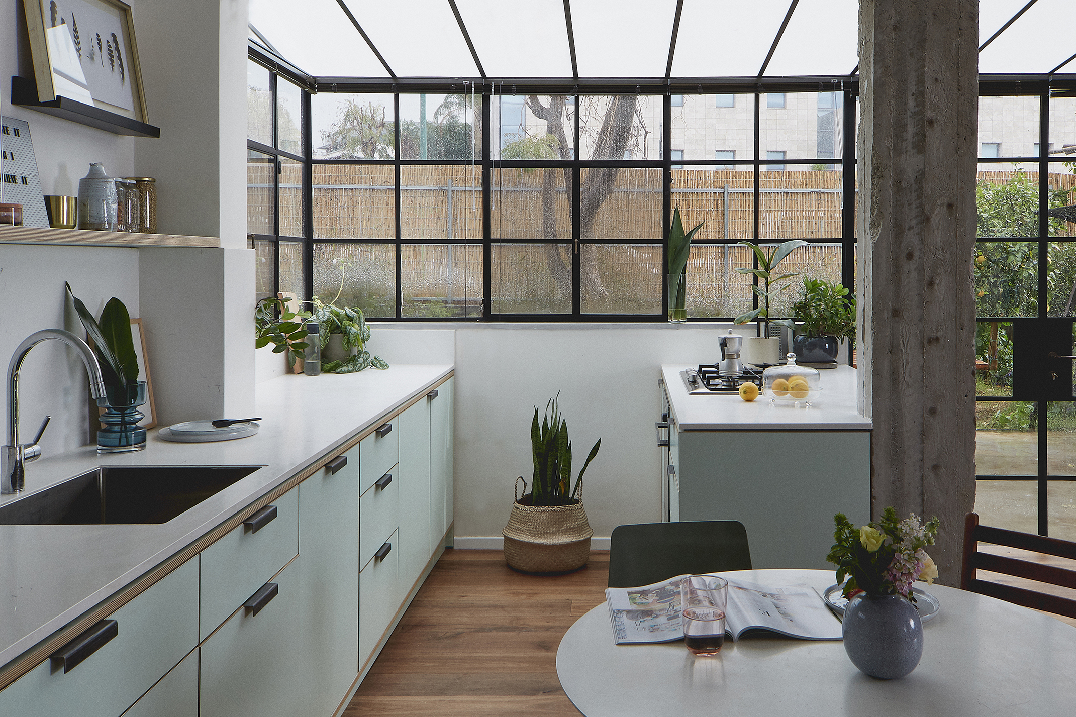 Green house-like kitchen modern hues mint plywood
