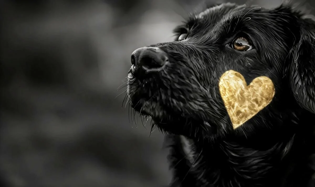 Chien noir avec un cœur doré sur la joue