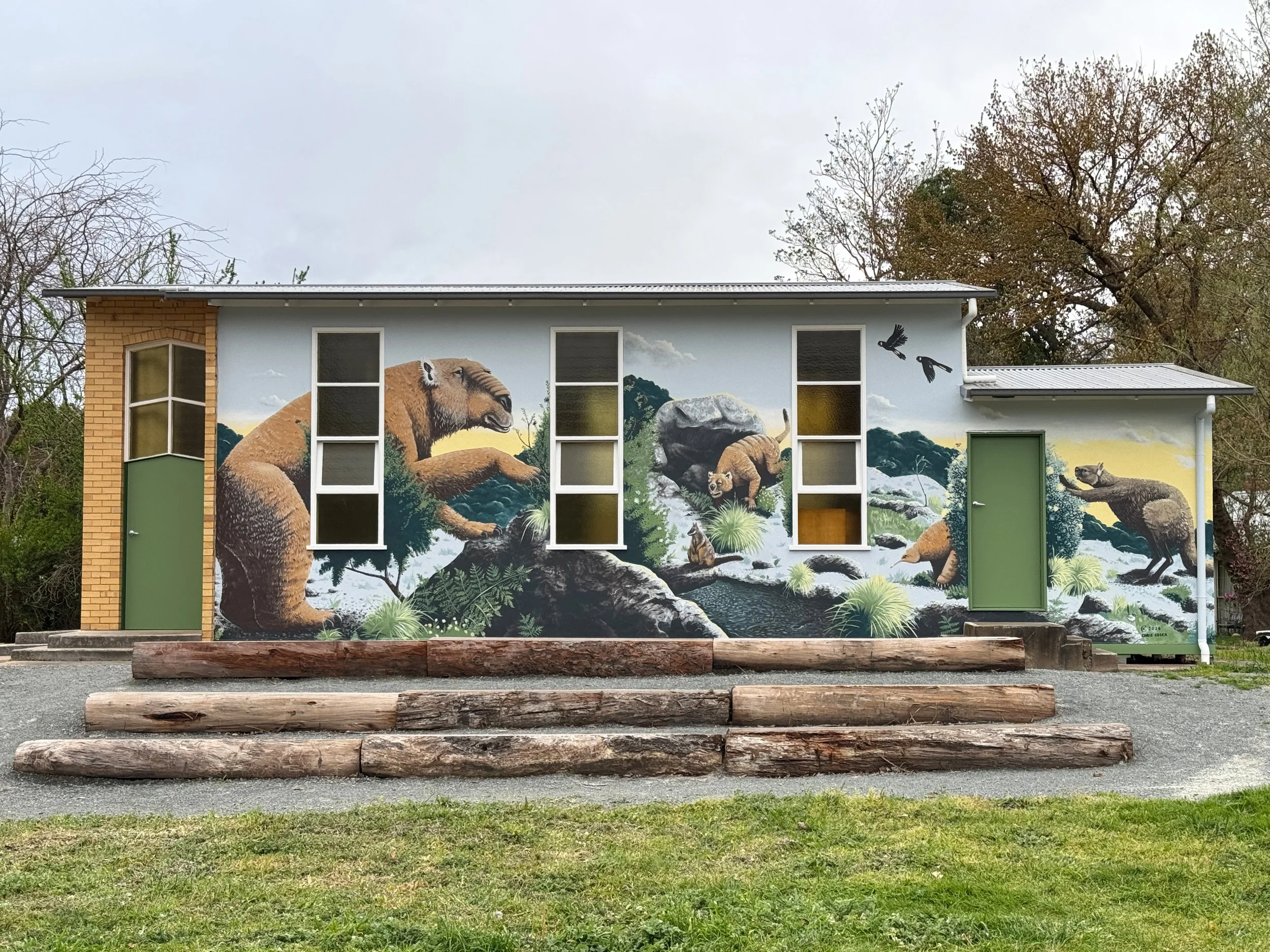Painted megafauna mural in Buchan, Victoria.
