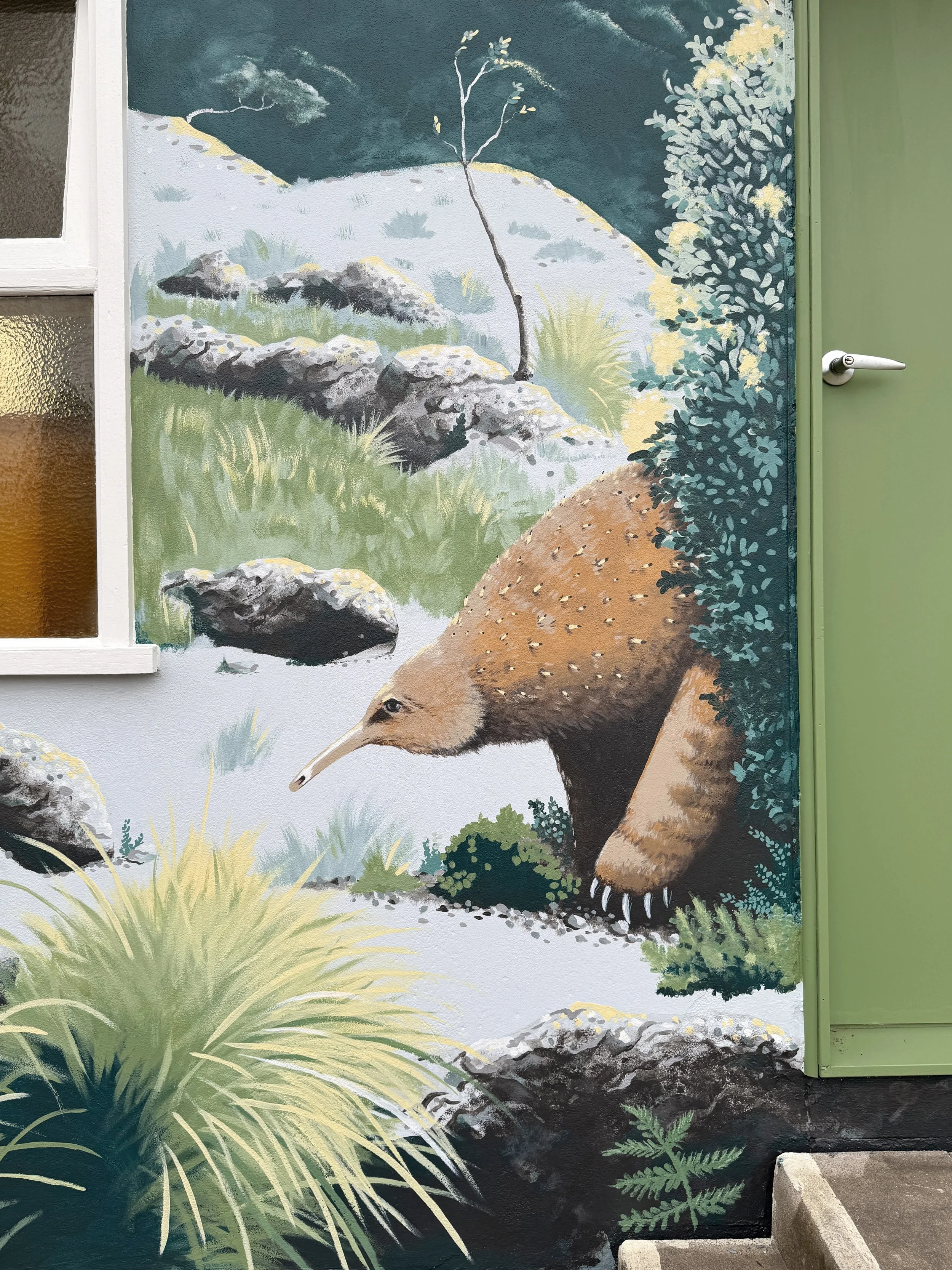 Detail of painted mural in Buchan, Victoria. Pictured is extinct echidna Megalibgwilia owenii