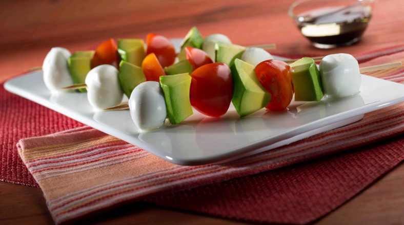  Avocado, Mozzarella and Tomato Skewers with a Balsamic Dipping Sauce ; Photo Credit (Avocados from Mexico) 