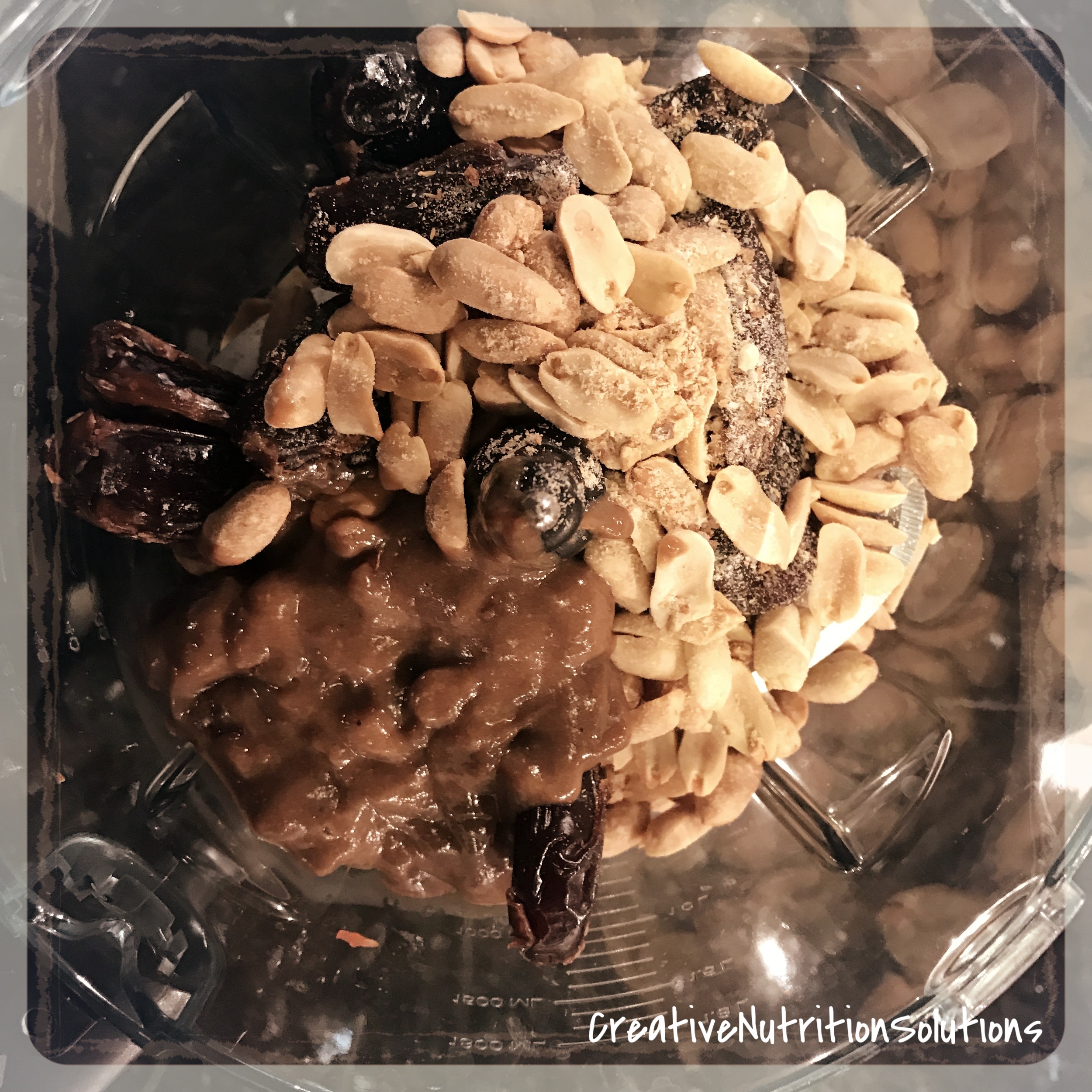 Then combine the Medjool dates, peanuts, and caramel sauce in the food processor or high-powered blender.