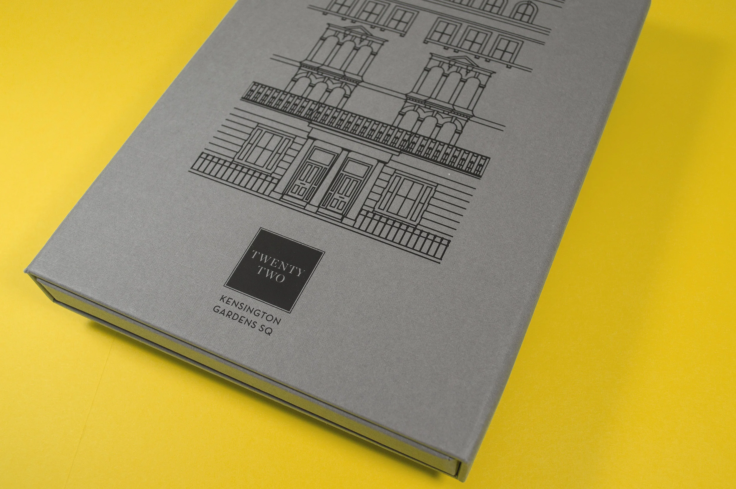 We produced this deconstructed property brochure for Fruition Properties’ conversion of two Grade II listed buildings into a collection of contemporary apartments at 22 Kensington Gardens Square. Each brochure was individually packaged in its own foil-blocked, magnet-closed box and featured a local area guide, set of CGI postcards and a collection of oversized, fold-out floorplans. -- Printed by: Hartgraph
