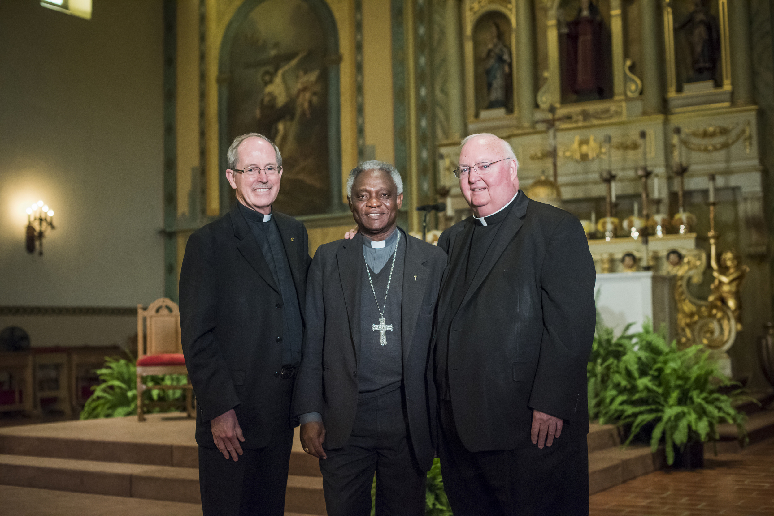 Santa Clara University President Rev. Michael E. Engh, S.J., Cardinal Peter Turkson & Bishop Patrick J. McGrath at Cardinal Turkson's kickoff event for last fall's conference on the environmental teachings of Pope Francis (Photo by Joanne Lee, Santa Clara University)
