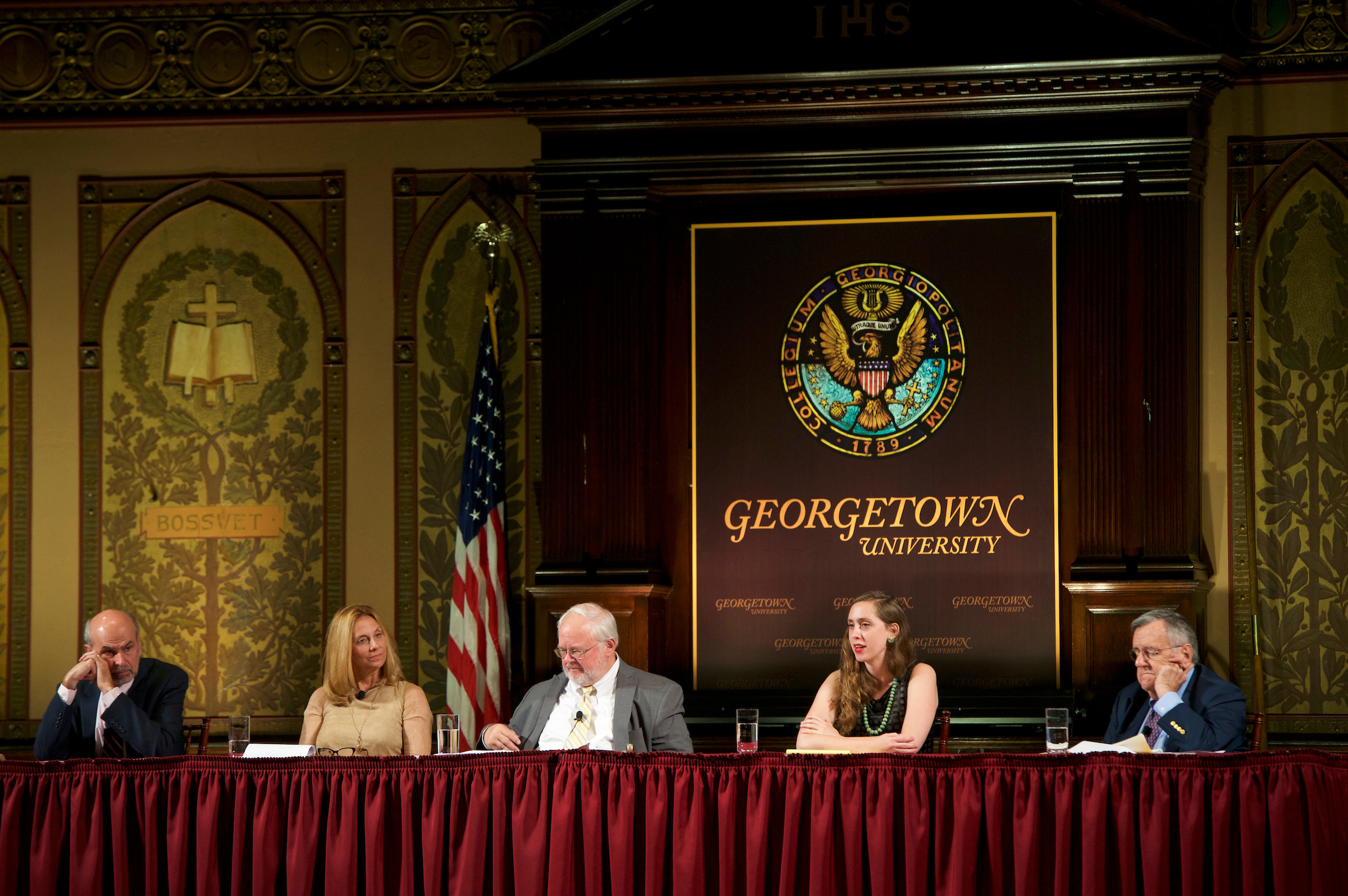 From left: Jerry Seib, Melinda Hennenberger, John Carr, Emma Green, Mark Shields (Photo by Georgetown University)
