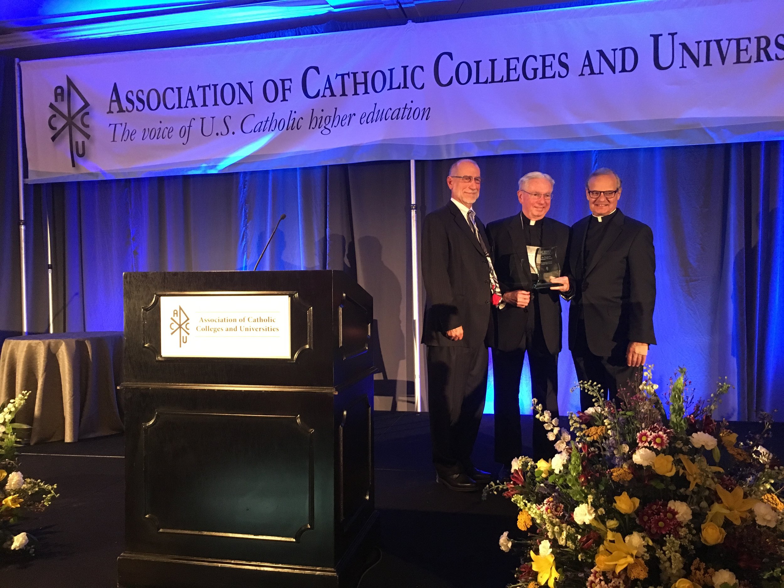 (L-R) ACCU President Dr. Michael Galligan-Stierle. AJCU President Rev. Michael J. Sheeran, S.J., Msgr. Franklyn Casale, ACCU Board Chair & President of St. Thomas University in Miami. (Photo by AJCU)