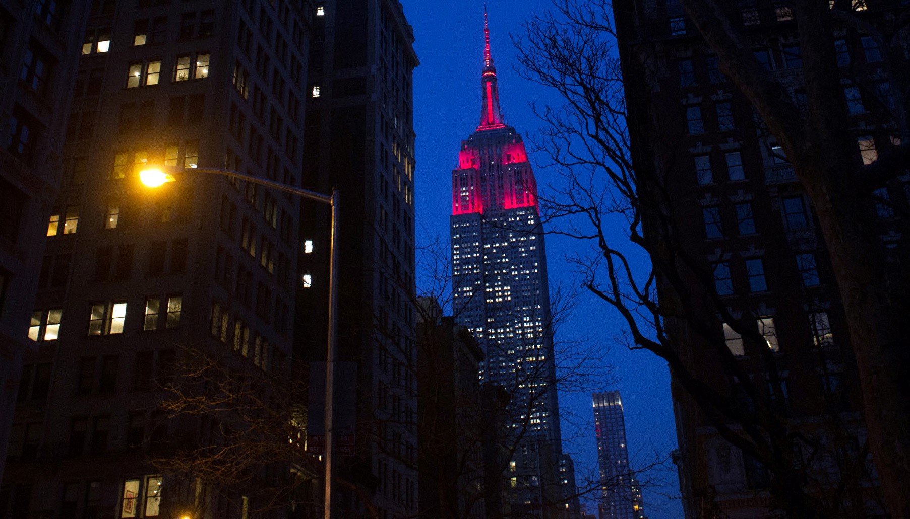 New York City's Empire State Building lit in maroon during the Fordham Founder's Dinner on March 27, 2017 (Photo by Fordham University)