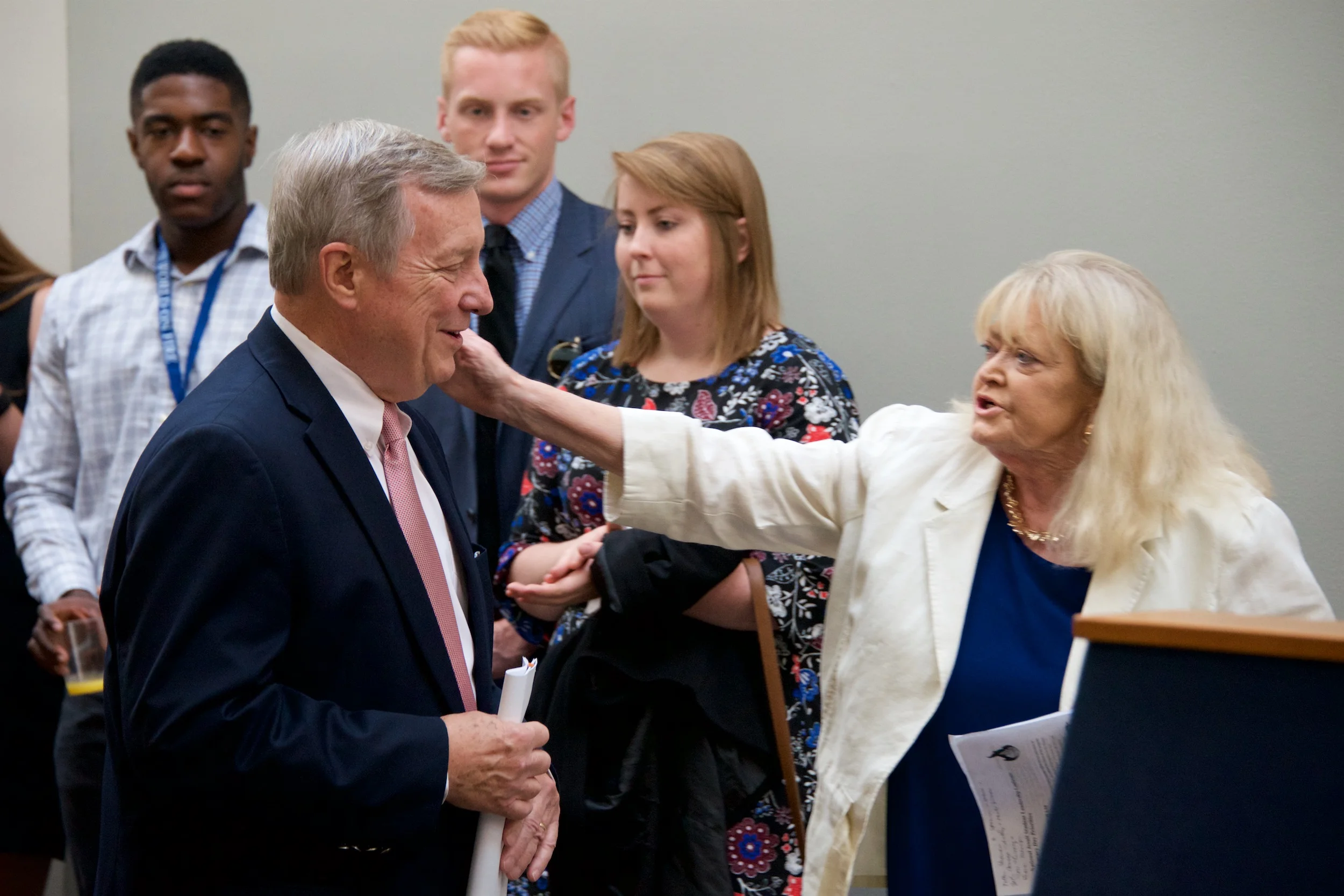 AJCU's Vice President for Relations, Cyndy Littlefield with Senator Richard Durbin (D-IL) (photo by Rafael Suanes)