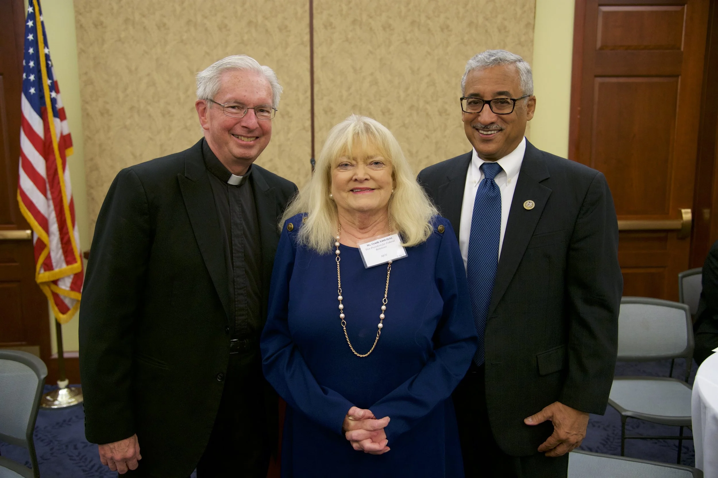 Rev. Michael J. Sheeran, S.J. (AJCU), Cyndy Littlefield (AJCU), Representative Robert C. Scott (D-VA)