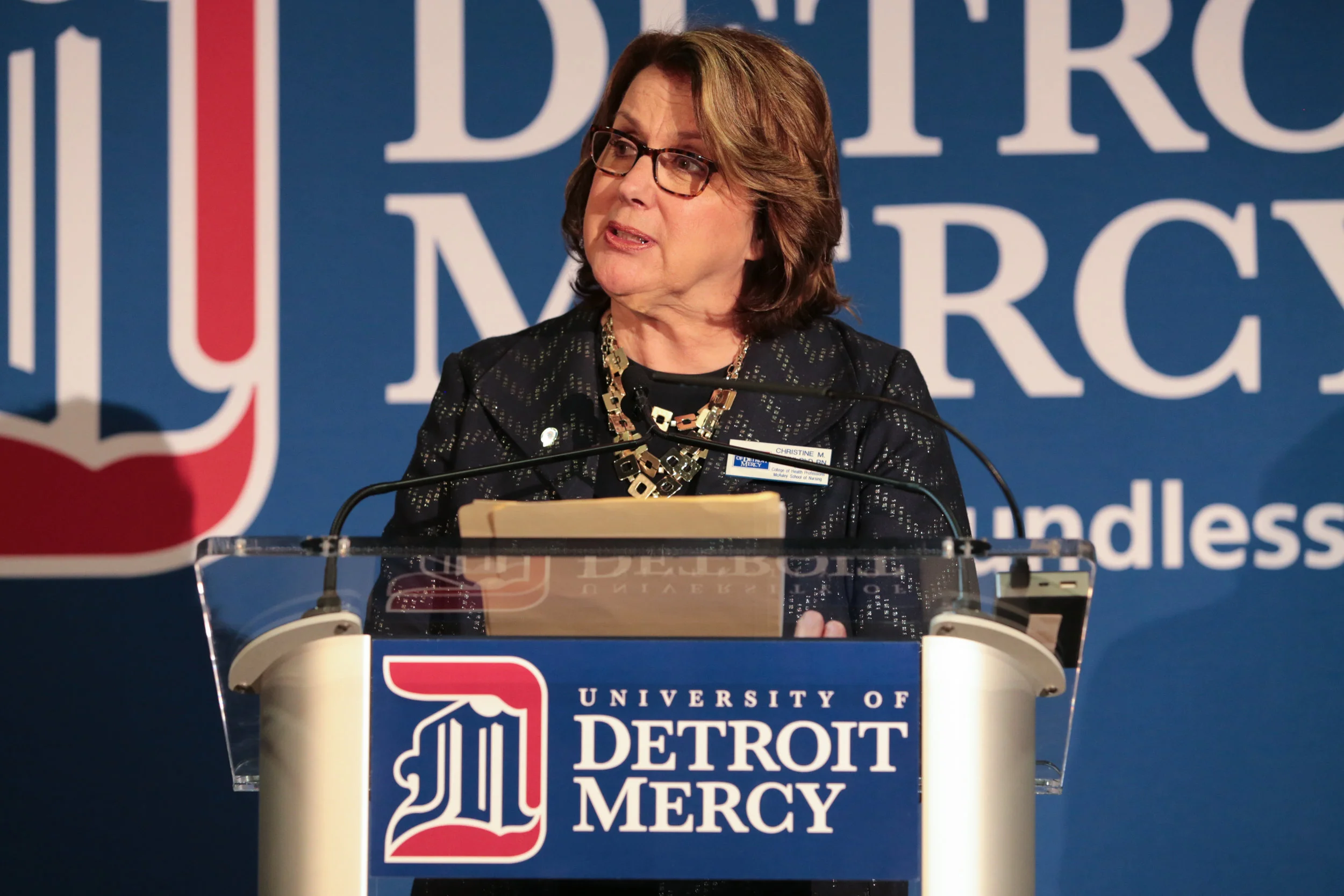 Christine Pacini speaking at the University of Detroit Mercy's annual Spirit Awards ceremony (Photo by University of Detroit Mercy)