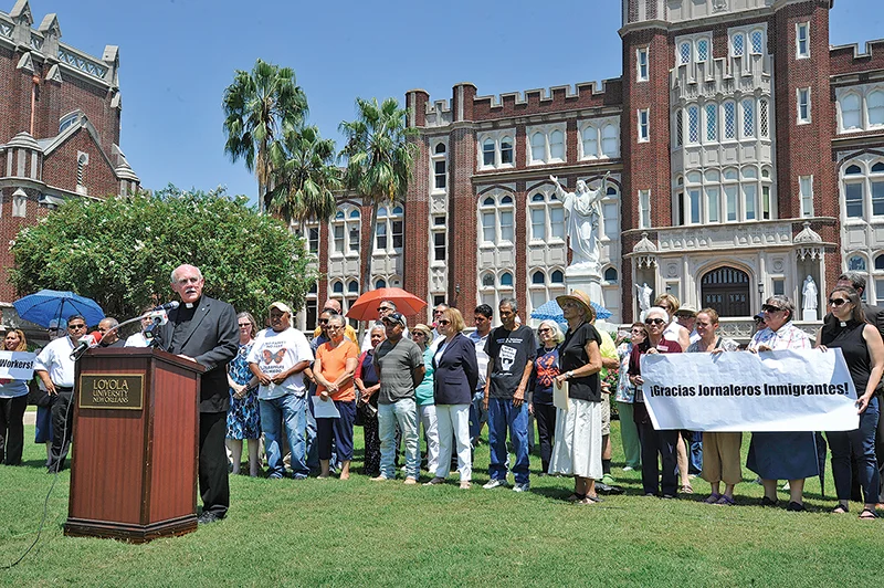 Rev. Fred Kammer, S.J. speaks at an immigration rally at Loyola University New Orleans (photo by S. Weishar)