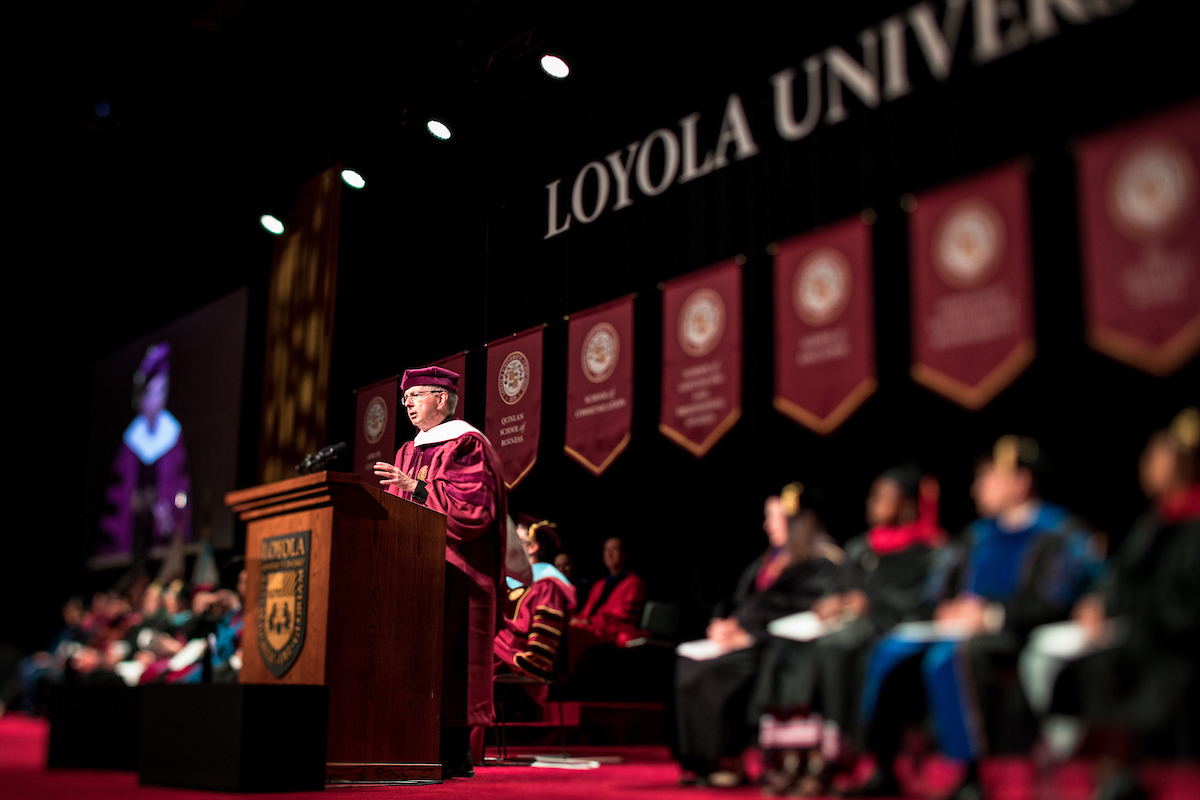 Rev. Michael J. Sheeran, S.J., president of AJCU, addresses graduates at Loyola University Chicago on Tuesday, May 7 (photo by Lukas Keapproth)