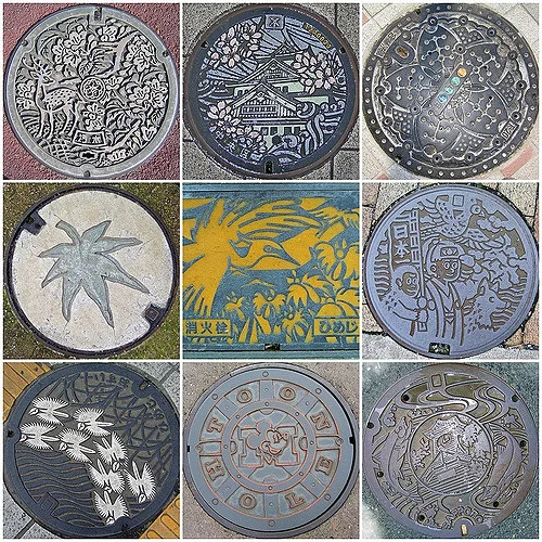 The manhole covers, starting from the top left hand corner going across, are from different locations in Nara, Osaka, Tokyo, Miyajima, Himeji, Okayama, Himeji, Disneyland and Sapporo.「Photo by: Flickr@Ruth Hartnup」