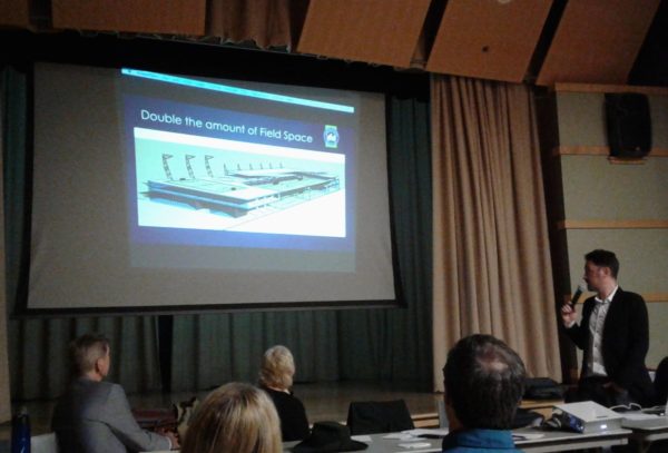 At a meeting on Pier 40 two months ago, Board Member Isaac Daniel Astrachan of Downtown United Soccer Club presented some of the league's ideas for the pier, including a modest commercial use, adding a cafe, and increasing the amount of playing-field space. Photo by Lincoln Anderson