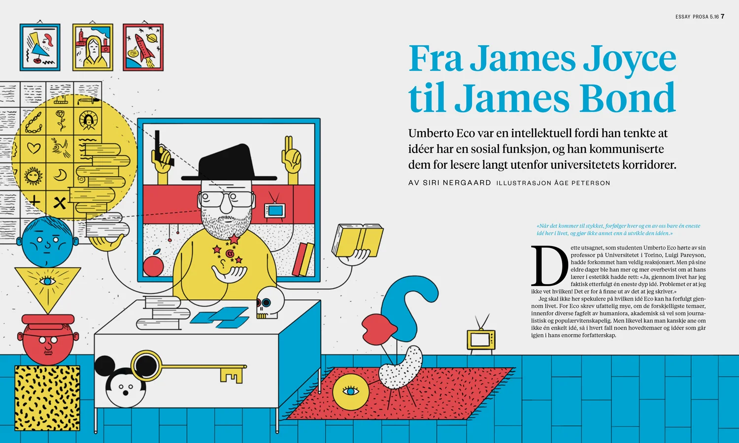 The opening spread of the essay, with a re-use of the cover illustration, inverted and with different colors.