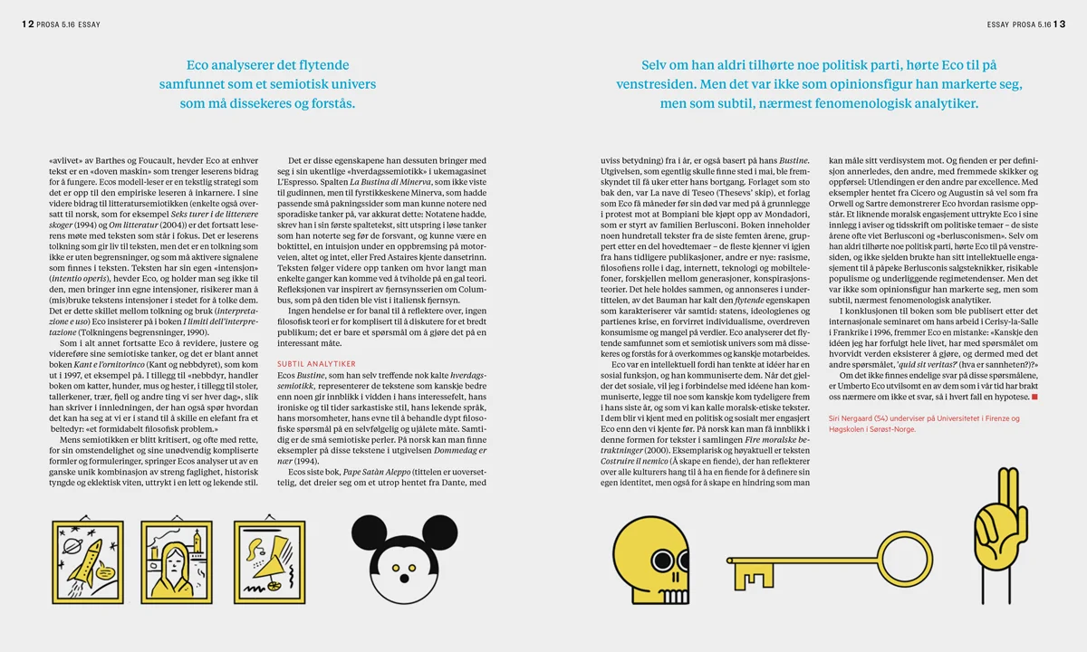 Example of a spread from the essay, with individual elements/icons from the Umberto Eco office scene. I made the cover illustration with this intent, and because of Umberto Eco's focus on iconography in his writings.