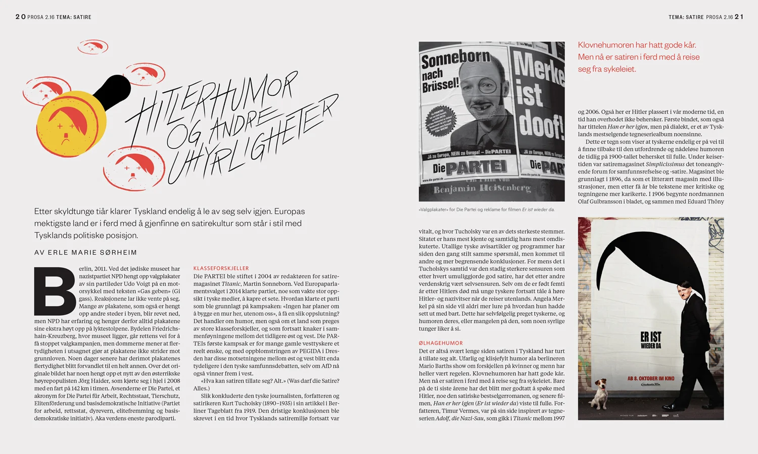 Vignett illustration for article about satire culture in Germany. A shameful past has now – in a growing scale – been allowed to be material for jokes.