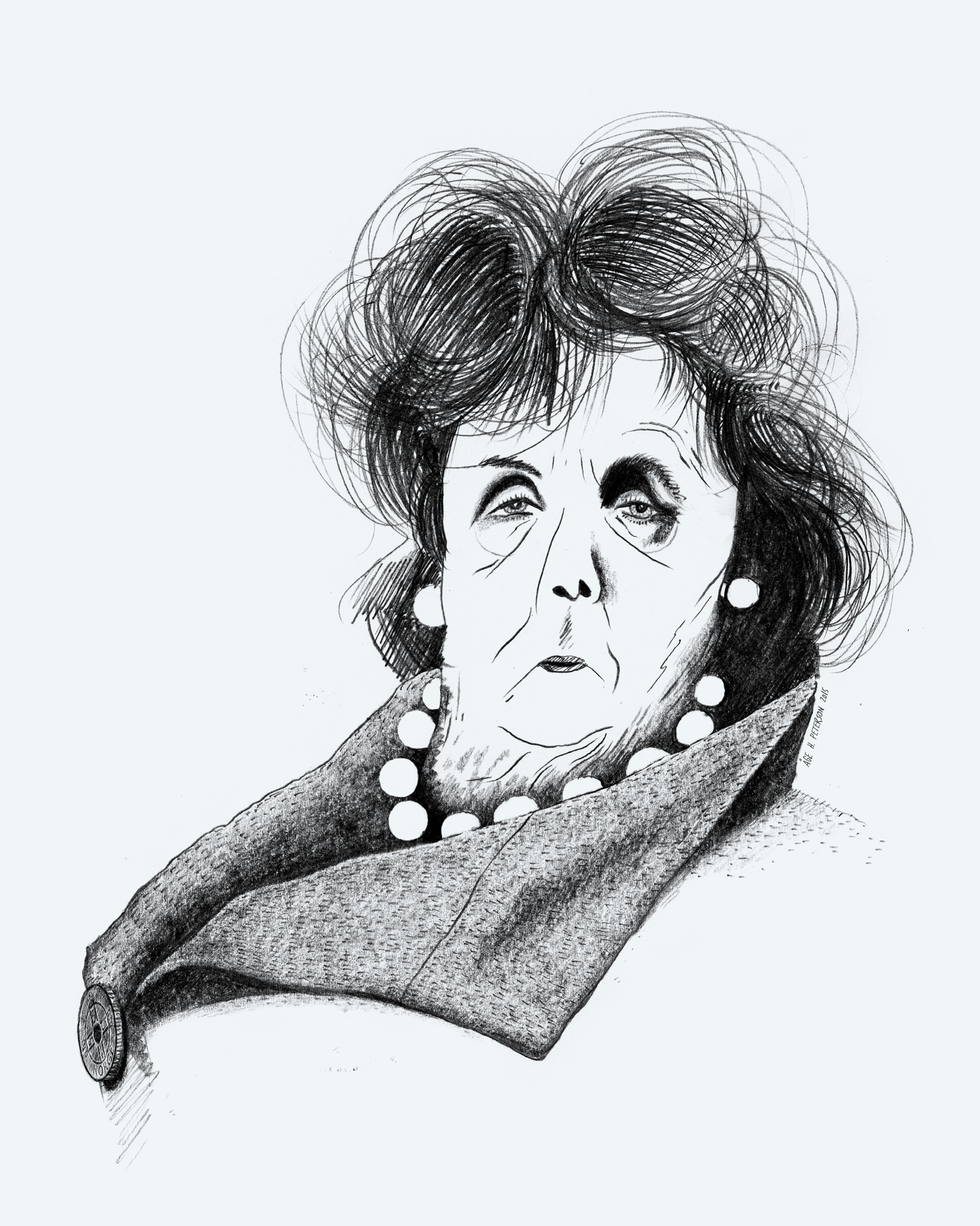 Mayor of Bergen up until 2015, Trude Drevland. Her turbulent last year in office, inspired me to make this drawing. (July, 2015)