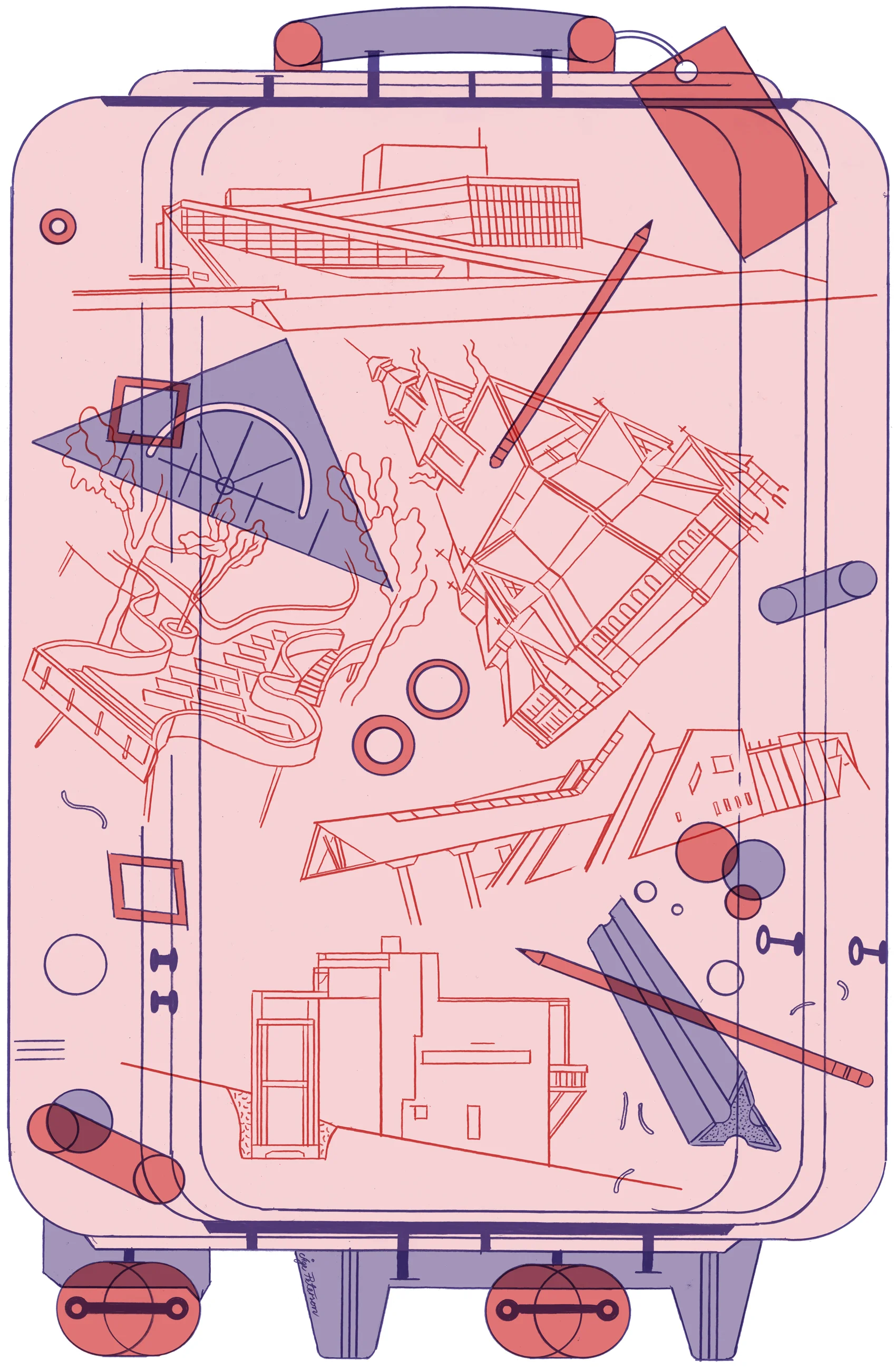 I took inspiration from airport baggage scan checkpoints, letting a rolling suitcase contain iconic Norwegian architecture work.
