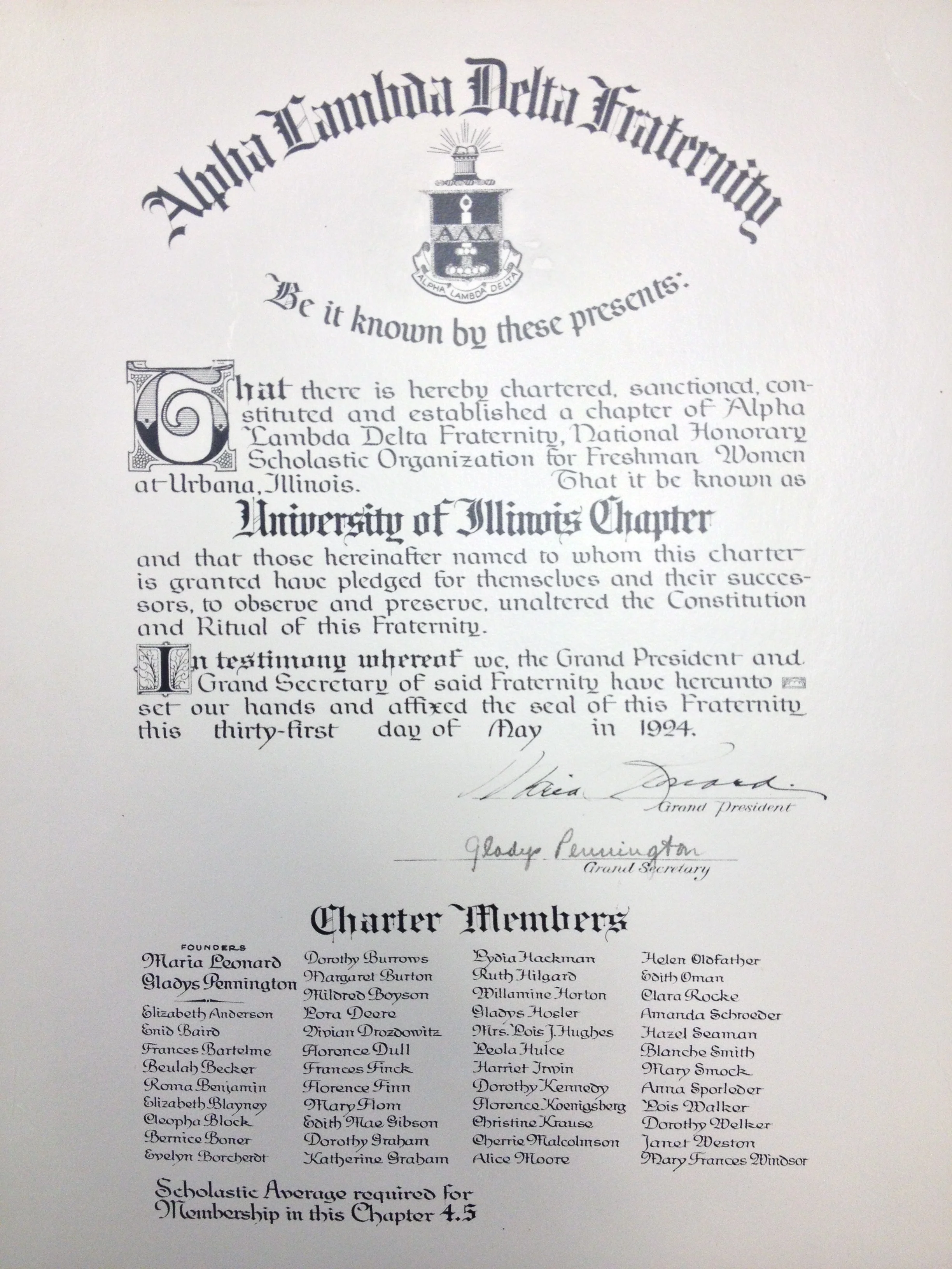 alpha lambda delta's first charter, written in 1924, from ald's first chapter founded at the university of illinois at urbana-champaign
