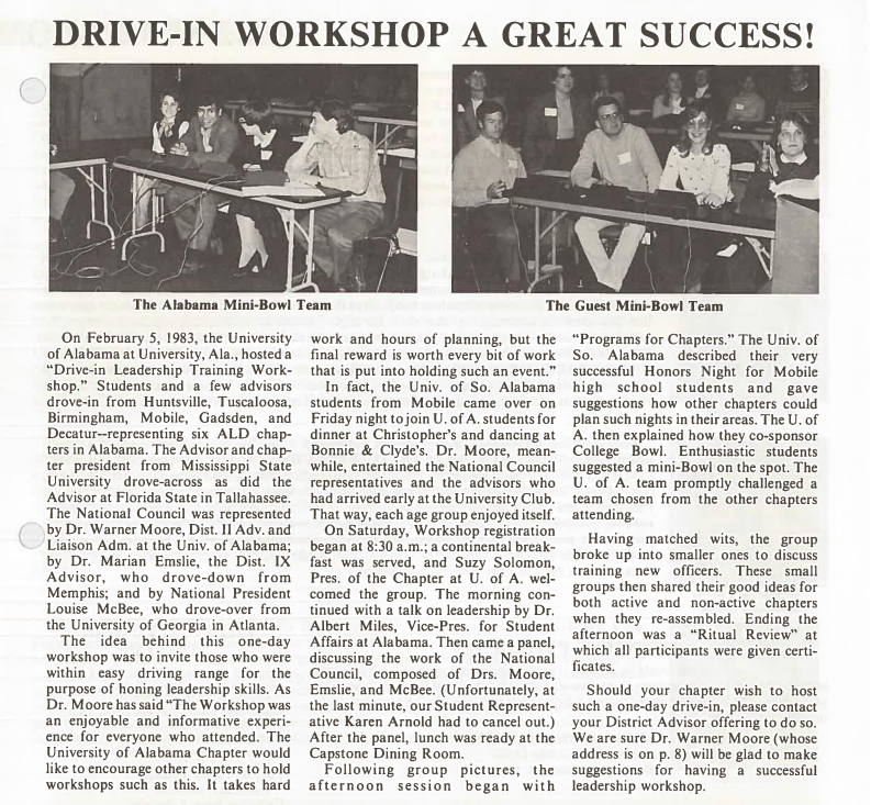 ALD FSU chapter advisor participated in a Drive-in Leadership Training Workshop: ALD The Flame magazine - Vol. 21, 1982-82