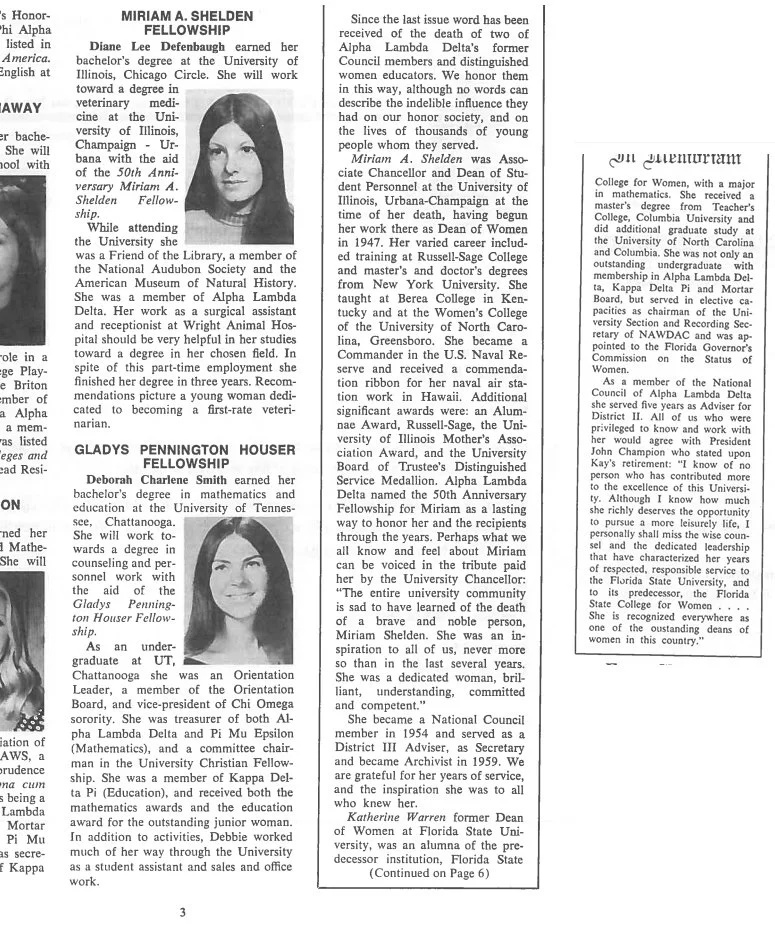 FSU former Dean of Women and ALD National Council member, Katherine Warren: ALD The Flame magazine - Vol. 14, 1975-76