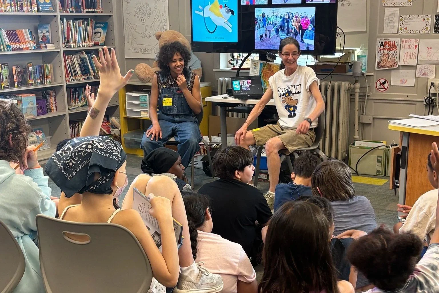 Lori Lobenstein, who lives in Jamaica Plain, met with 4th graders at the Curley K-8, a school in the neighborhood