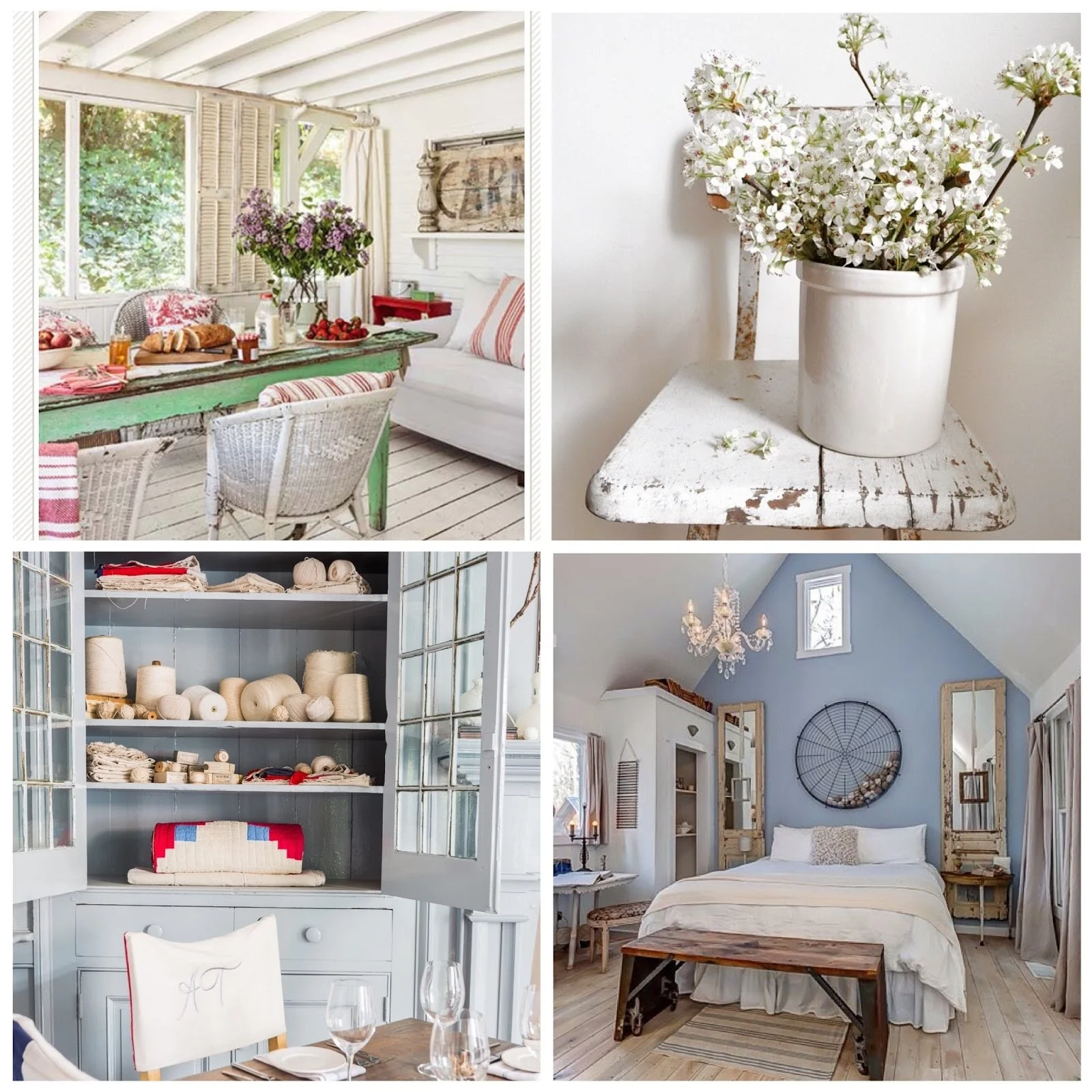 Top Left Photo: This Old House Magazine, Interior Design: Lizzie McGraw - Tumbleweed and Dandelion; Top Right Photo & Interior Design: Becky Cunningham - Buckets of Burlap; Bottom Left Photo: Alyssa Rosenheck Photography, Interior Design: Kim Leggett - City Farmhouse; Bottom Right Photo: Shelter and Roost, Interior Design: Kim Leggett - City Farmhouse