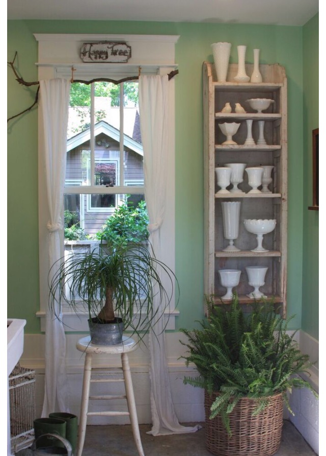 To add an interesting element to the window we opted for a natural branch found in the yard over a traditional curtain rod.
