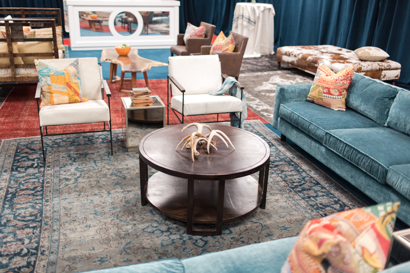 CMA Fest Green Room feature a blue sectional sofa from Mitchell Gold | City Farmhouse Interior Design