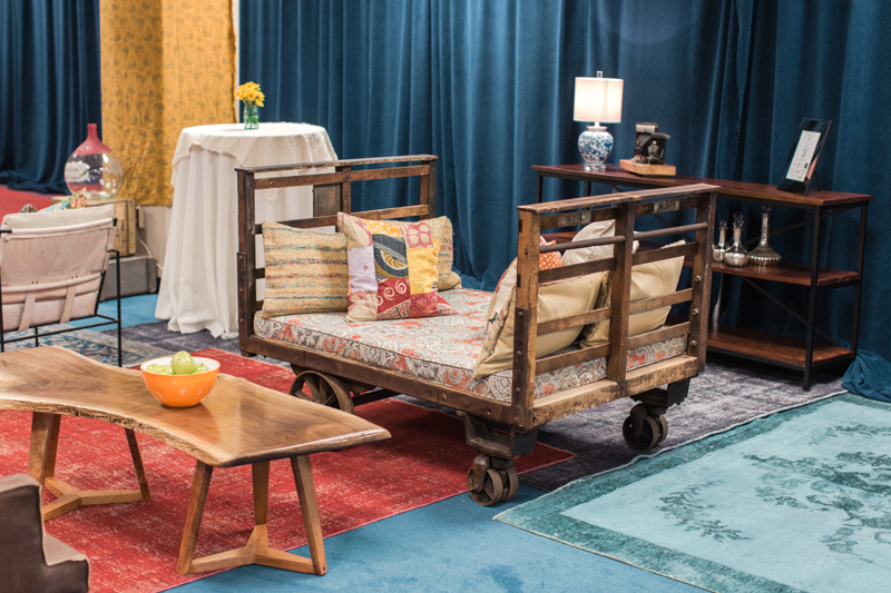 An industrial cart found at CR-71 adds extra seating at the CMA Fest Green Room | City Farmhouse Interior Design