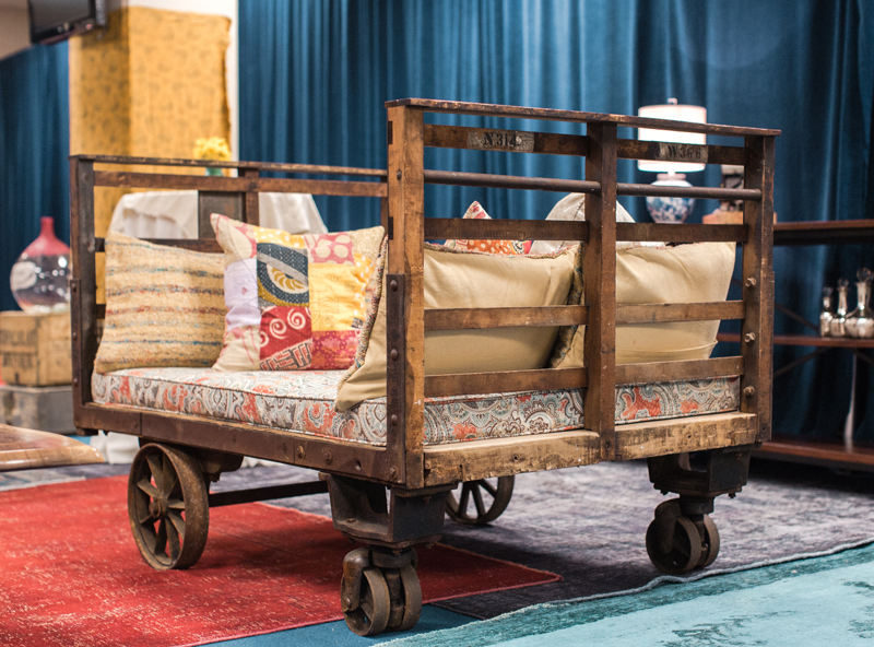 CR-71's industrial cart acts as an extra seating area at the CMA Fest Green Room | City Farmhouse Interior Design