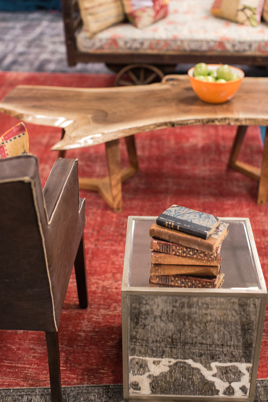 CMA Fest Green Room features a beautiful custom wood coffee table from Galante | City Farmhouse Interior Design