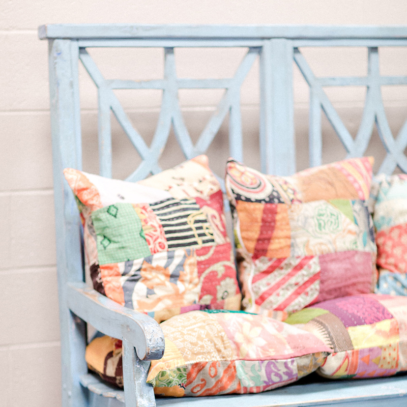 Boho Style blue bench in the CMA Fest dressing room | City Farmhouse Interior Design