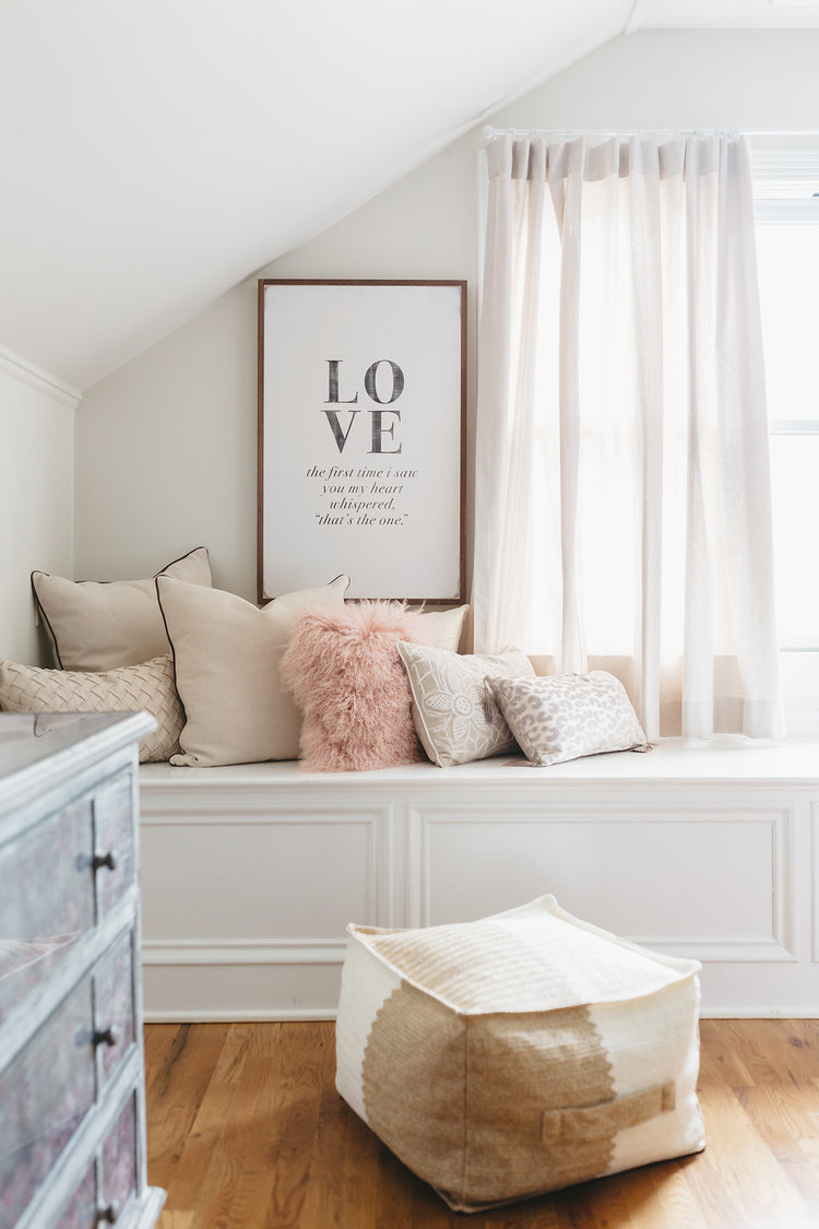 "LOVE" picture hangs on the wall in the bridal suite at the McConnell house | Interior design: Kim Leggett, owner of City Farmhouse