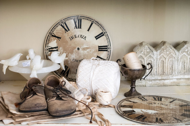 French Vanilla's booth featured delicate details like these little slippers and a clock face City Farmhouse Pop Up Fair | June 2017 | Franklin, TN