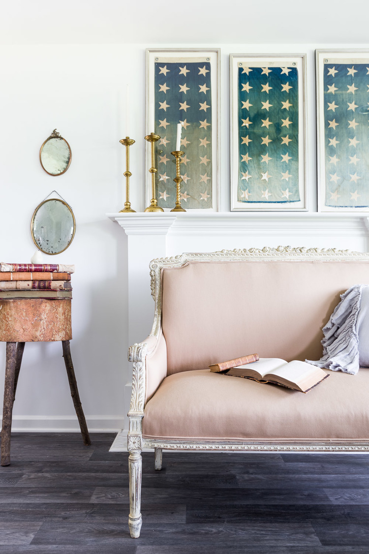 Charming vintage pink sofa in the living room at One King's Lane | Photography: Alyssa Rosenheck | Interior Design: Kim Leggett