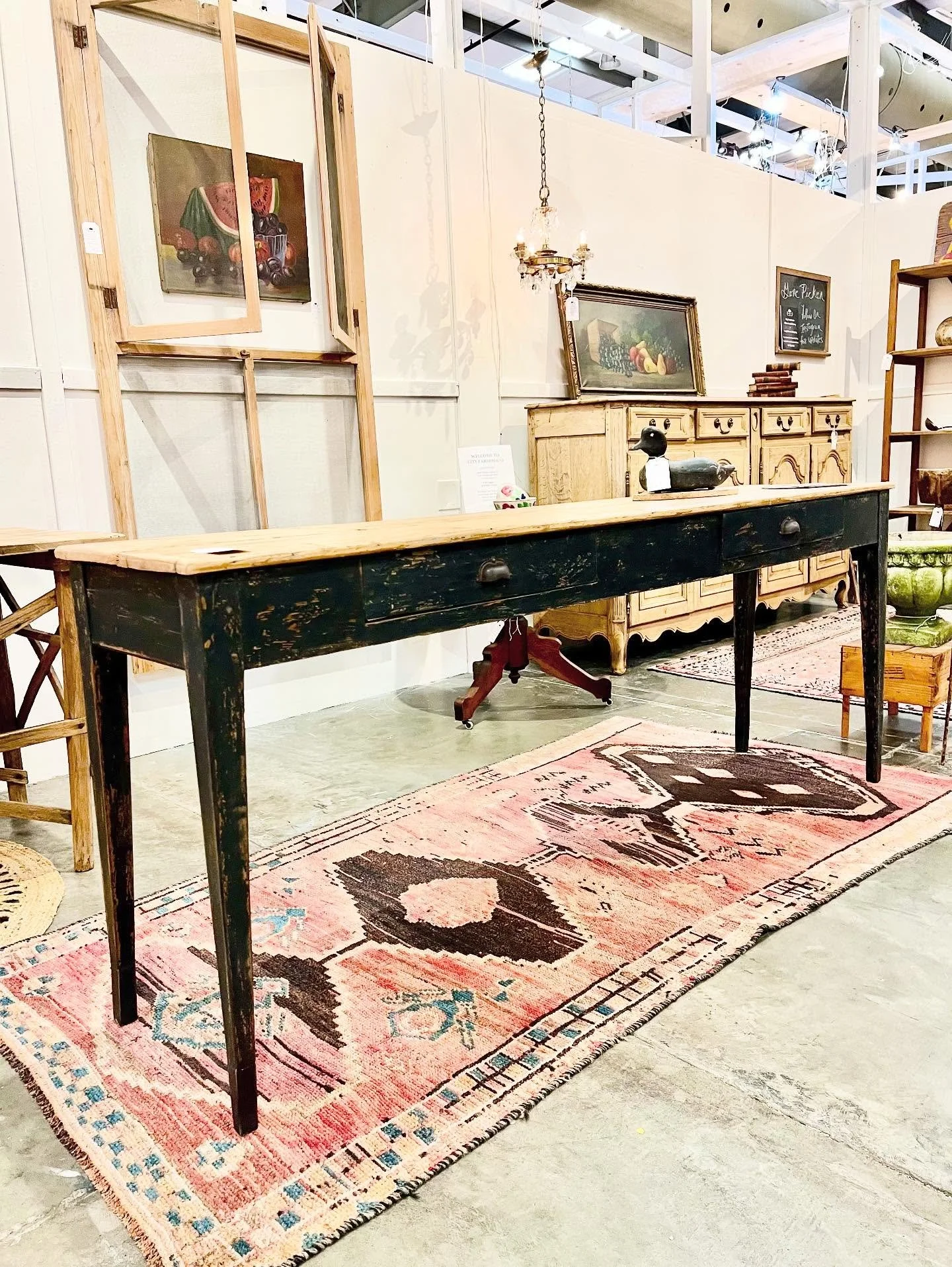 Gorgeous French Console from a flower shop in France. All original including that desirable black paint! Just in .. at our booth at @gaslamptoo in Nashville. Plus a beautiful French sideboard, screens from a French garden house and more! It&rsquo;s a
