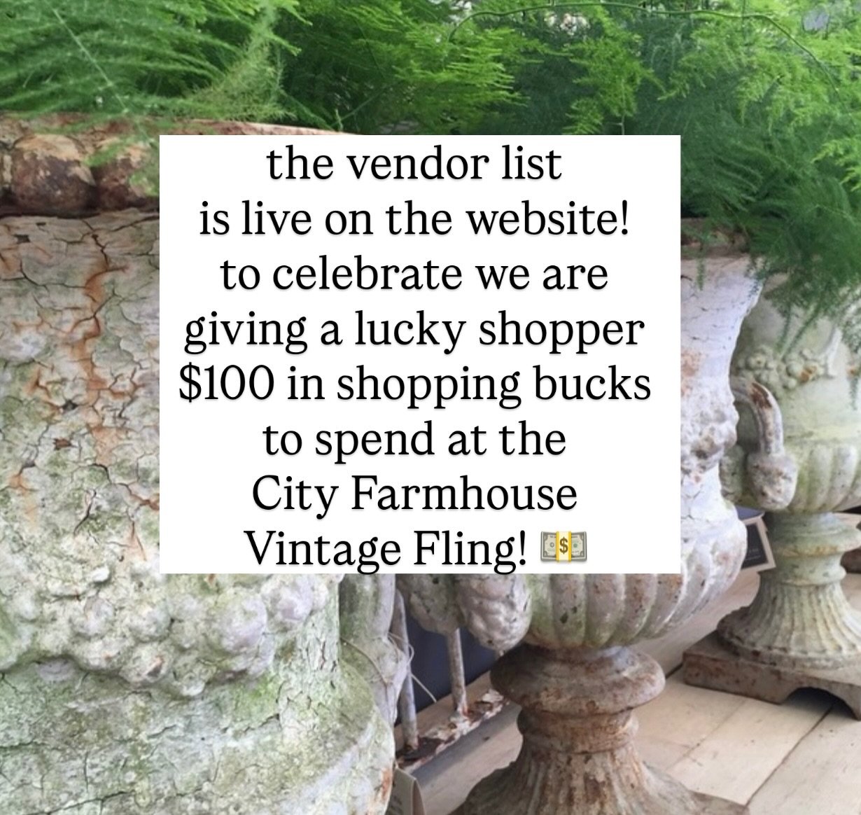 We are over the moon to celebrate the announcement of our amazing vendors participating in the City Farmhouse Vintage Fling, June 12-13 at the Bicentennial Park Pavilion in Downtown Franklin, Tennessee! 

To celebrate, anyone who purchases any ticket