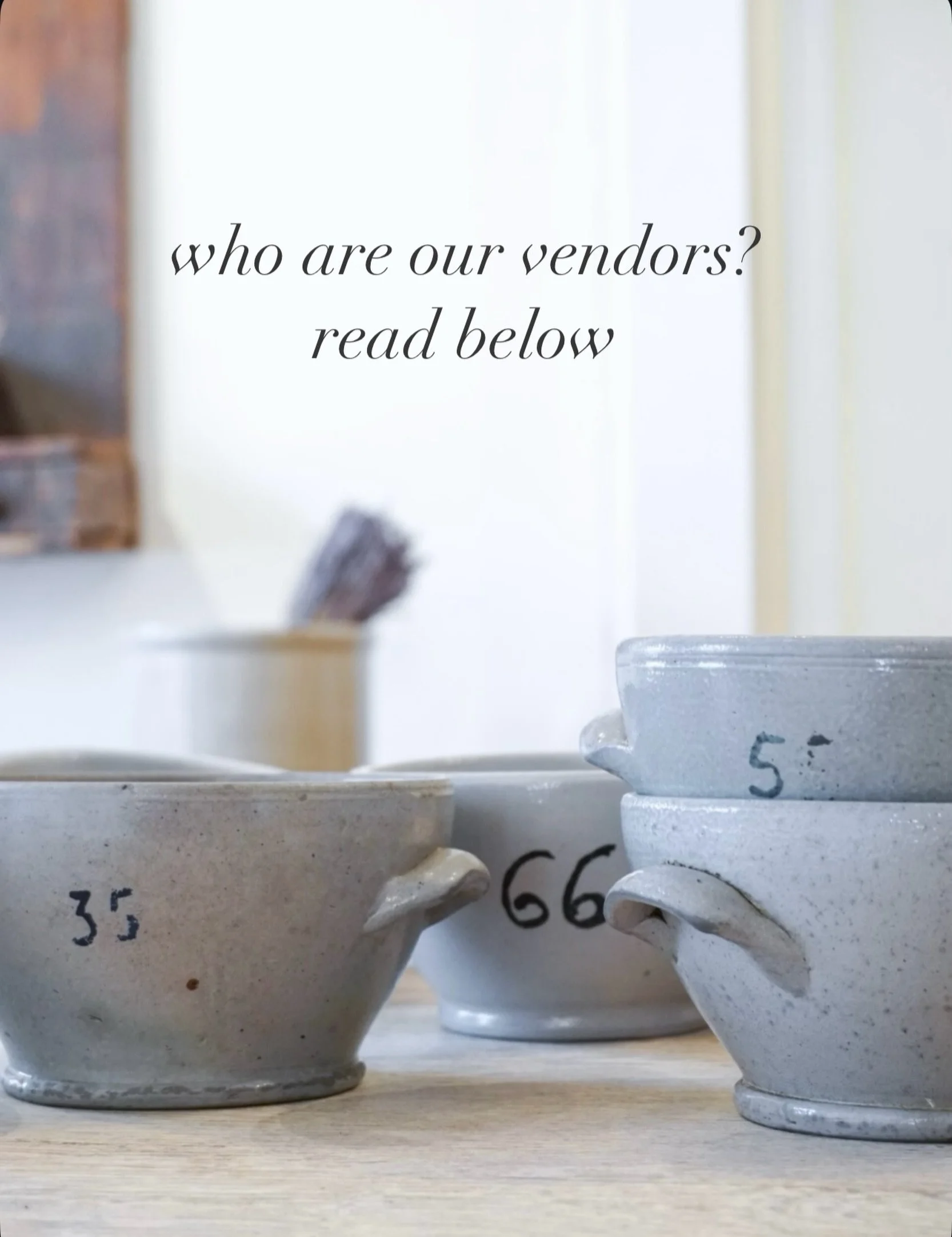 Who are our vendors?

~ Those who offer furnishings, art and accessories for a discerning eye: period antiques with exceptional quality, unusual vintage pieces. Favored by designers and home decorators who desire unique pieces not easily found. 

~ T